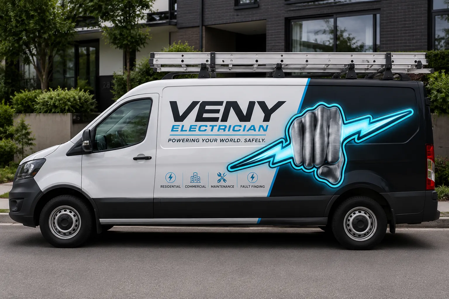 Branded Veny electrician rapid response service van in BC neighborhood